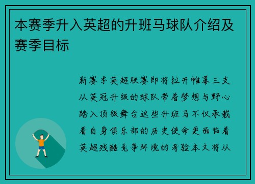 本赛季升入英超的升班马球队介绍及赛季目标