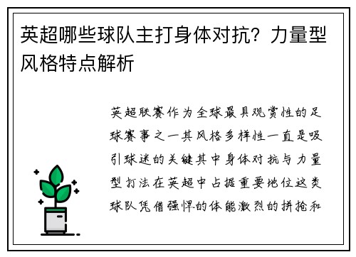 英超哪些球队主打身体对抗？力量型风格特点解析